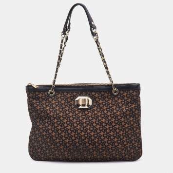 Pre Owned DKNY Brown/Black Signature Canvas and Leather Chain Shoulder Bag