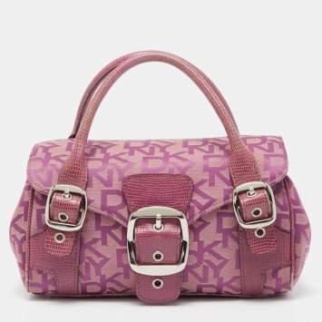 Pre Owned Dkny Magenta Signature Canvas and Lizard Embossed Leather Buckle Flap Satchel