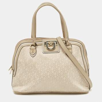 Pre Owned DKNY Cream/Beige Signature Canvas and Leather Dome Satchel