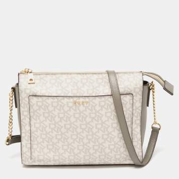 Pre Owned Dkny Grey/Beige Signature Coated Canvas and Leather Bryant Crossbody Bag