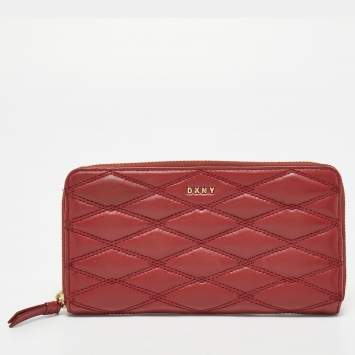 Pre Owned DKNY Red Quilted Leather Zip Around Compact Wallet