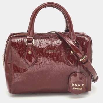 Pre Owned Dkny Dark Red Monogram Embossed Patent Leather Boston Bag
