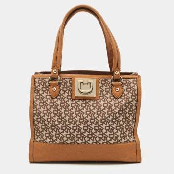 Pre Owned DKNY Brown/Beige Signature Canvas and Leather Tote
