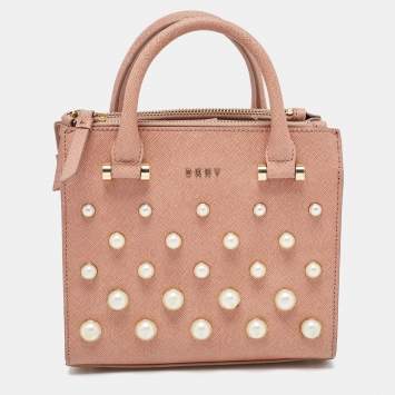 Pre Owned DKNY Pink Textured Leather Pearl Embellished Double Zip Tote