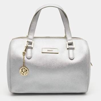 Pre Owned DKNY Silver Saffiano Leather Boston Bag