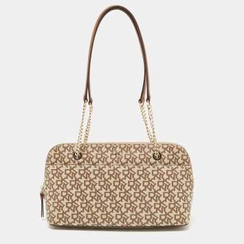 Pre Owned DKNY Beige/Brown Signature Coated Canvas and Leather Chain Shoulder Bag