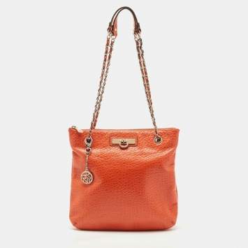 Pre Owned DKNY Orange Leather Chain Shoulder Bag