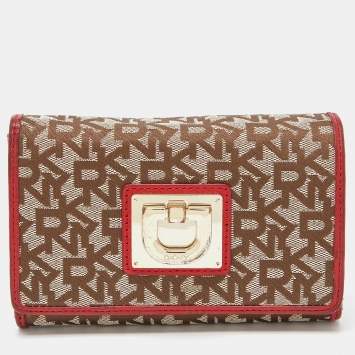 Pre Owned DKNY Beige/Red Signature Canvas and Leather French Wallet