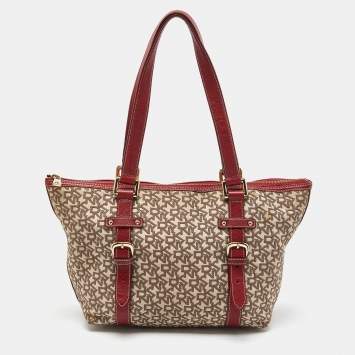 Pre Owned DKNY Beige/Red Signature Canvas and Leather Zip Tote