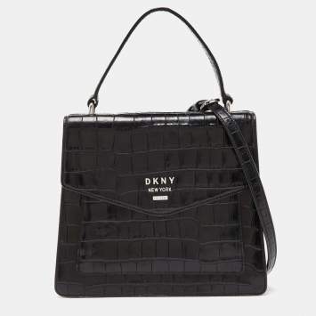 مملوكة مسبقًا DKNY Black Croc Embossed Leather Flap Top Handle Bag