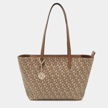 Pre Owned DKNY Beige/Brown Signature Coated Canvas and Leather Top Zip Shopper Tote