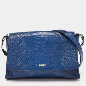 Pre Owned DKNY Blue Croc Embossed Leather Bryant Flap Crossbody Bag