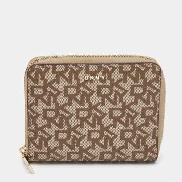 Pre Owned DKNY Beige/Brown Signature Coated Canvas Zip Around Continental Wallet