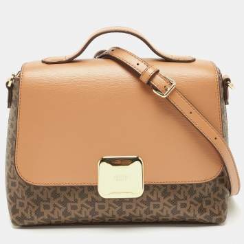 Pre Owned DKNY Tan/Brown Monogram Coated Canvas and Leather Sandra Top Handle Bag