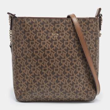 Pre Owned DKNY Brown Signature Coated Canvas and Leather Zip Messenger Bag