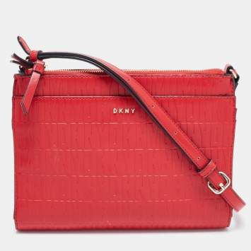 Pre Owned DKNY Red Logo Embossed Double Zip Crossbody Bag
