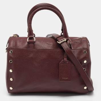 Pre Owned DKNY Burgundy Leather Studded Boston Bag