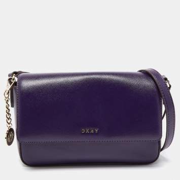 Pre Owned DKNY Purple Patent Leather Logo Flap Crossbody Bag