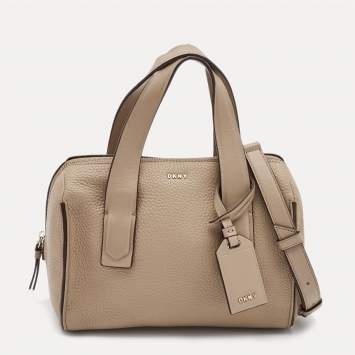 Pre Owned DKNY Beige Leather Zip Boston Bag