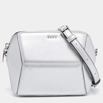 Pre Owned Dkny Silver Leather Zip Crossbody Bag