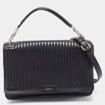 Pre Owned  DKNY Black Pinstripe Quilted Leather Gansevoort Flap Top Handle Bag