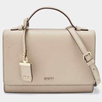 مملوكة مسبقًا DKNY Beige Saffiano Leather Logo Flap Top Handle Bag