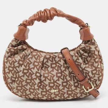Pre Owned DKNY Brown/Beige Signature Canvas and Leather Reese Demi Crossbody Bag