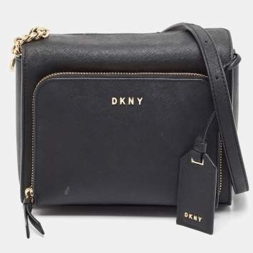 Pre Owned DKNY Black Leather Front Zip Crossbody Bag