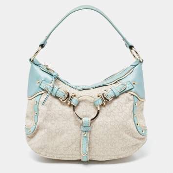 Pre Owned DKNY Cream/Blue Monogram Canvas and Leather Buckle Hobo
