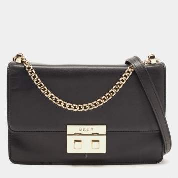 Pre Owned DKNY Black Leather Pushlock Flap Chain Crossbody Bag