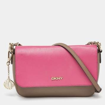 Pre Owned DKNY Beige/Pink Leather Bryant Park Flap Crossbody Bag