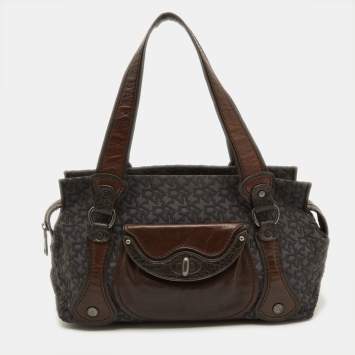Pre Owned DKNY Grey/Brown Signature Canvas and Leather Satchel