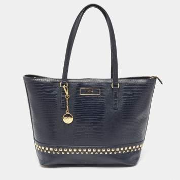 Pre Owned DKNY Navy Blue Lizard Embossed Leather Studded Zip Tote with Wallet