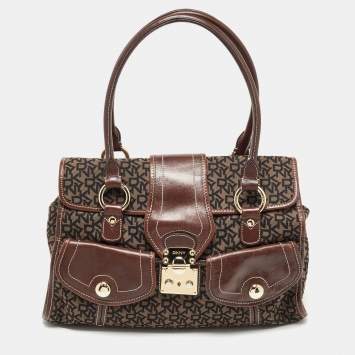 Pre Owned Dkny Brown/Black Signature Canvas and Leather Front Pocket Tote