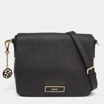 Pre Owned DKNY Black Leather Logo Flap Shoulder Bag