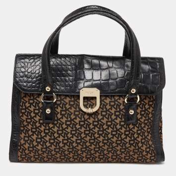 Pre Owned DKNY Black/Brown Monogram Canvas and Croc Embossed Leather Turnlock Flap Tote