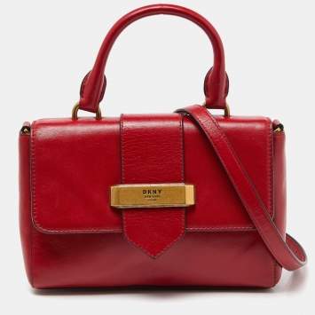 مملوكة مسبقًا Dkny Red Leather Metal Logo Flap Top Handle Bag