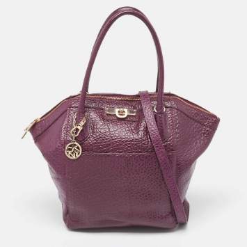 Pre Owned DKNY Purple Textured Leather Logo Zip Satchel