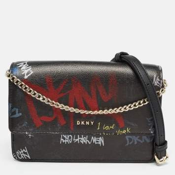 Pre Owned DKNY Black Leather Graffiti Print Flap Crossbody Bag 