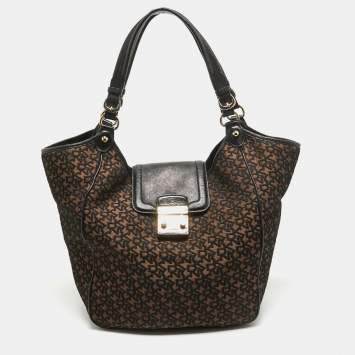 Pre Owned DKNY Black/Brown Monogram Jacquard Fabric and Leather Tote