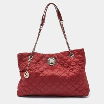 Pre Owned DKNY Red Quilted Nylon and Leather Logo Chain Tote
