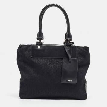 Pre Owned DKNY Black Monogram Canvas and Leather Tote