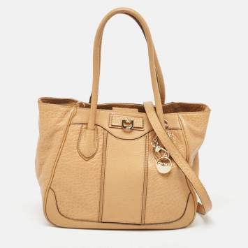 Pre Owned DKNY Beige Leather Logo Charm Shoulder Bag