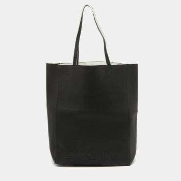 Pre Owned DKNY Black Leather Logo Embossed Shopper Tote