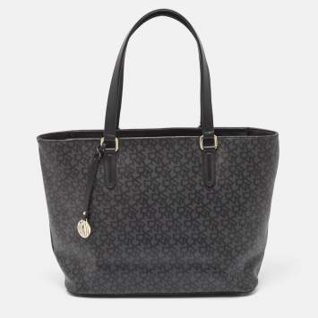 Pre Owned Dkny Black Monogram Coated Canvas and Leather Top Zip Tote