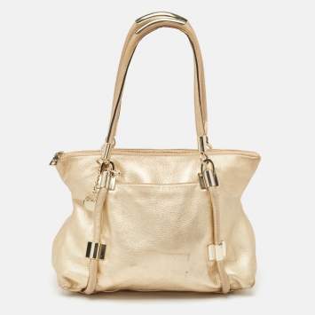 Pre Owned DKNY Gold Leather Metal Detail Tote