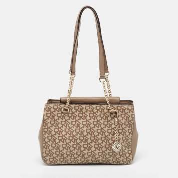 Pre Owned DKNY Beige Signature Coated Canvas and Leather Chain Tote