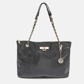 Pre Owned DKNY Black Leather Charm Chain Tote