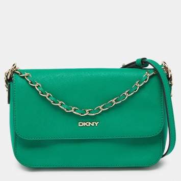 Pre Owned DKNY Green Leather Bryant Flap Crossbody Bag