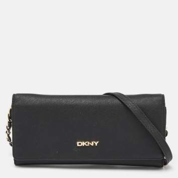 Pre Owned DKNY Black Saffiano Leather Flap Wallet on Chain